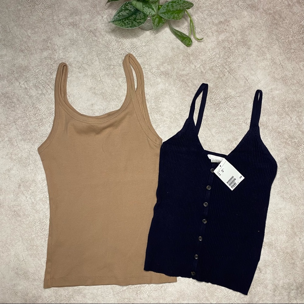 H&M Ribbed Tan & Navy Cami Tank Tops Bundle Small